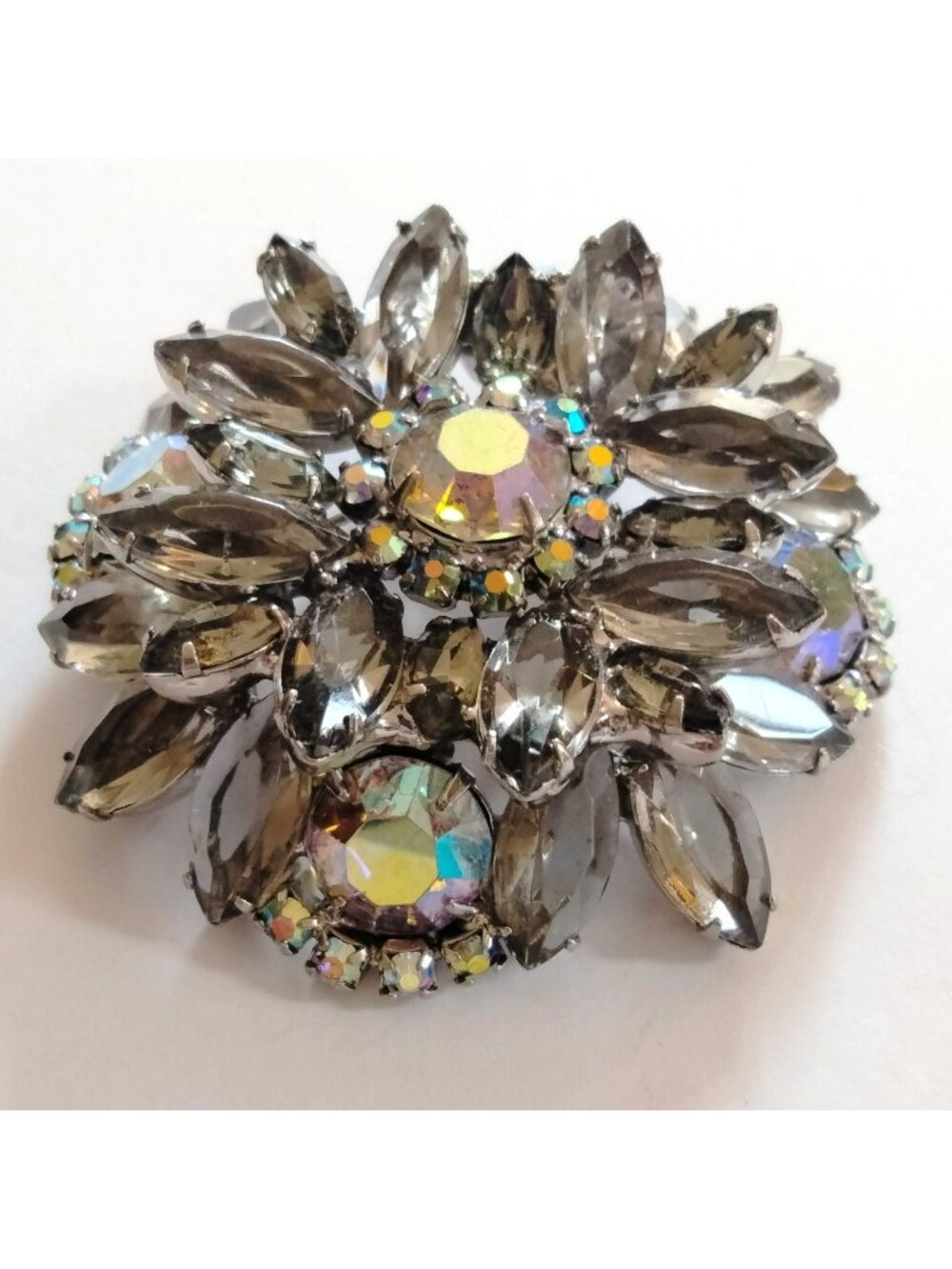 Vintage Aurora Borealis Brooch Rhinestone Floral Pin Statement Jewelry